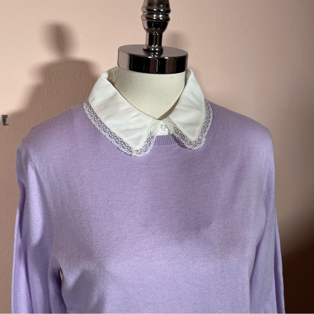 Talbots Lavender Crewneck Sweater with Lace-Trimmed White Collar